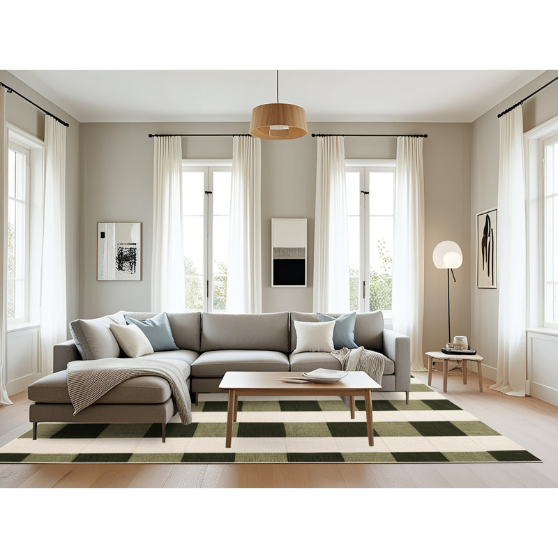 Machine Washable Checkered Beige Area Rug, Rectangle 6' x 9'
