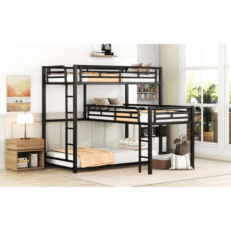 Triple lit simple superposé en forme de L en métal noir avec lattes sécurisées intégrées, rapides et faciles à installer dans le dortoir