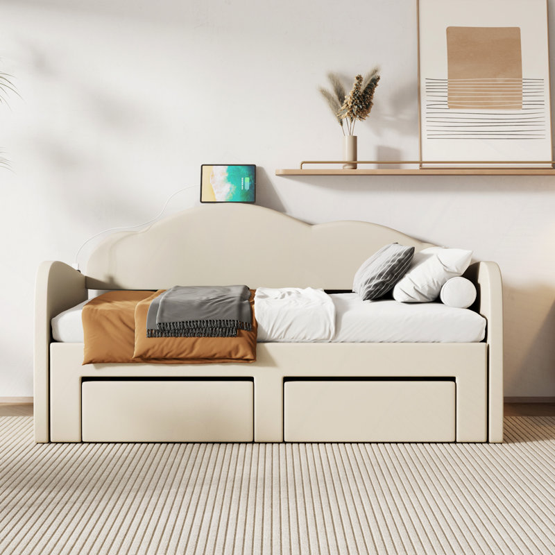 2 Drawers Upholstered Daybed With Trundle And Usb Ports, Beige