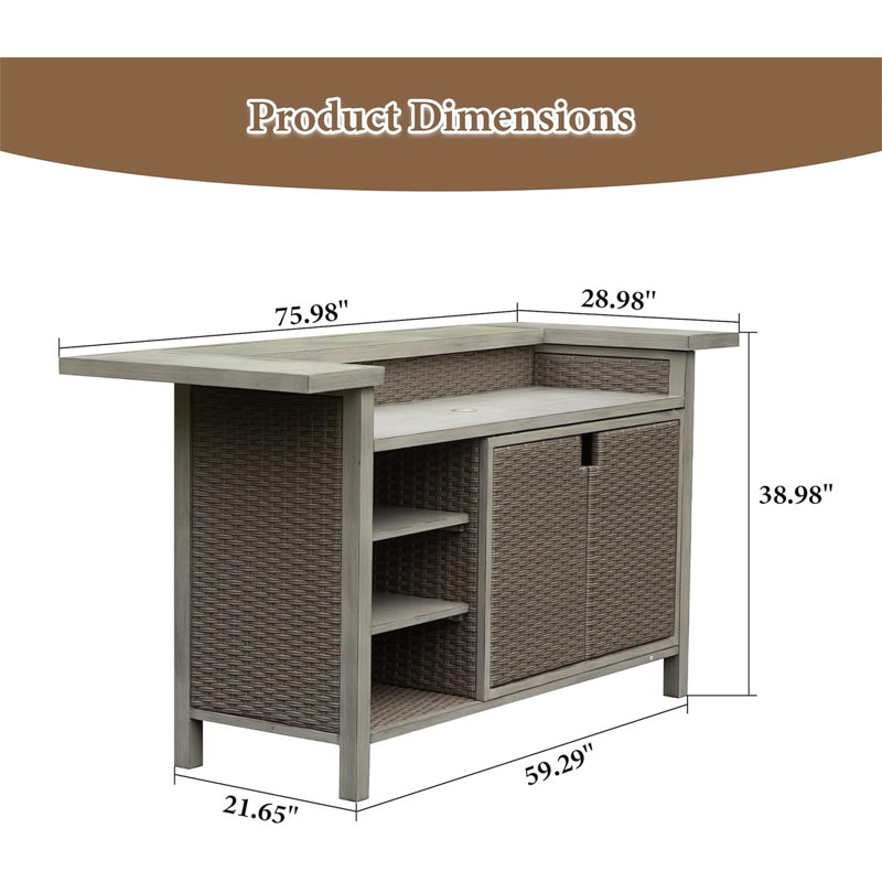 Patio Bar Table, Outdoor Aluminum PE Wicker Bar Cart With Cabinet, All Weather Use Storage Patio Cabinet For Patio Kitchen Or Bar Cart, Wood Grain