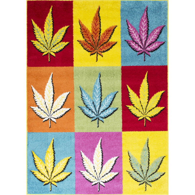 Tapis jaune à motif de feuilles Littell, Rectangle 8 pi x 10 pi