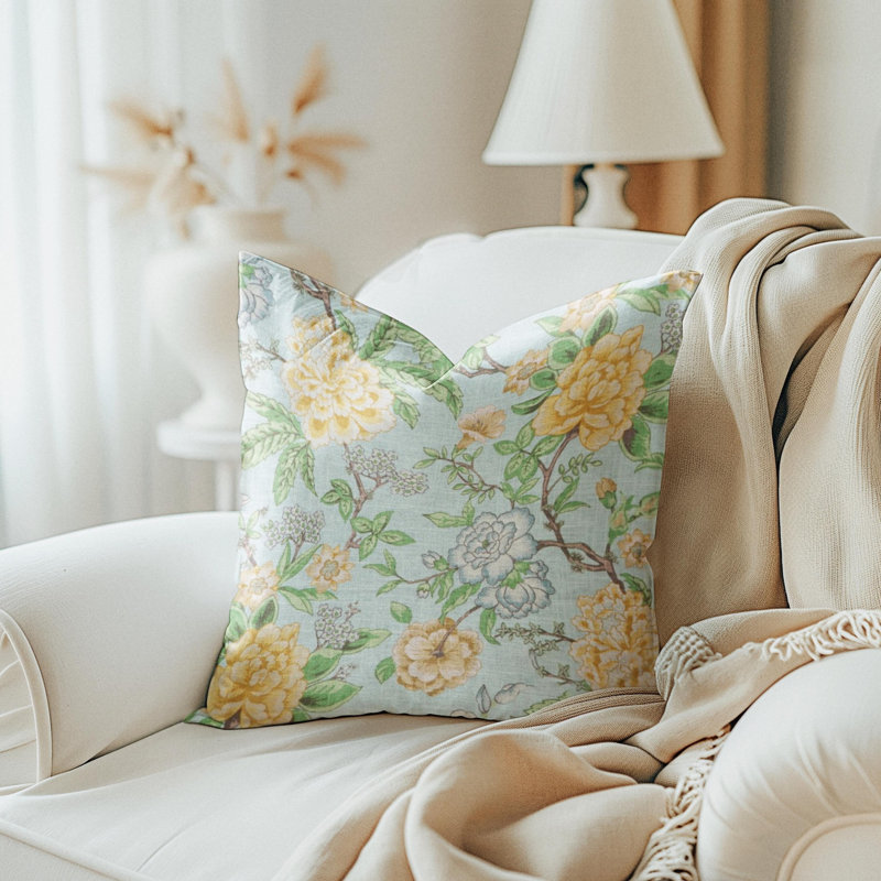 Housse de coussin floral multicolore en lin bleu clair, H 17 po x l 17 po, Carrée
