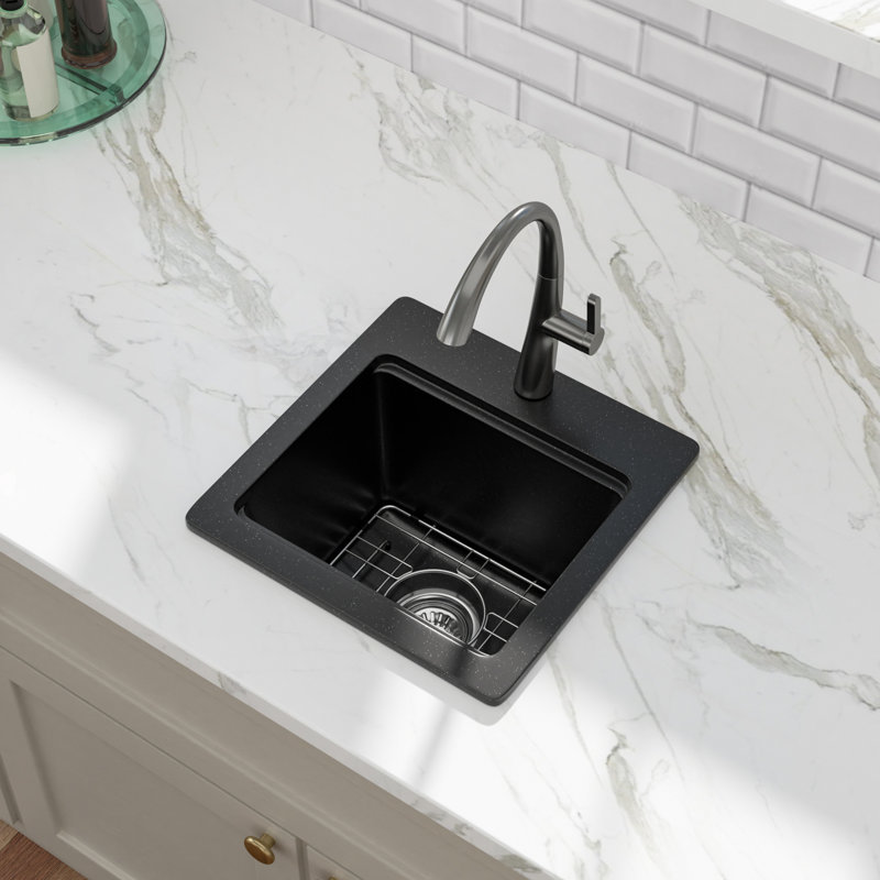 Évier de cuisine à station de travail en quartz 15 po x l 15 po, évier de cuisine à simple cuve noir mat avec grille d'évier, planche à découper, crépine et support à enrouler.