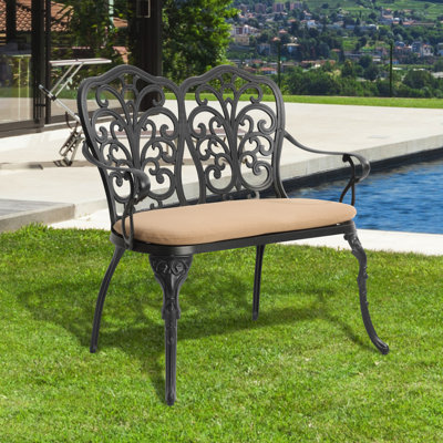 Banc de patio extérieur avec coussin, siège double en fonte d'aluminium avec dossier haut et accoudoirs, mobilier d'extérieur pour patio, porche, jardin, parc