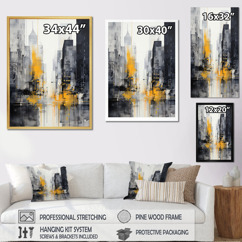 Gris gris, jaune, minimalisme, rythmes de la ville III sur toile, H 44 po x l 34 po x P 1,5 po, Encadrement doré