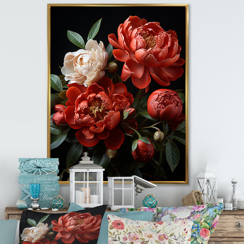 «Blossoms Of Serenity Peony IV» sur toile, H 44 po x l 34 po x P 1,5 po, Cadre flottant doré