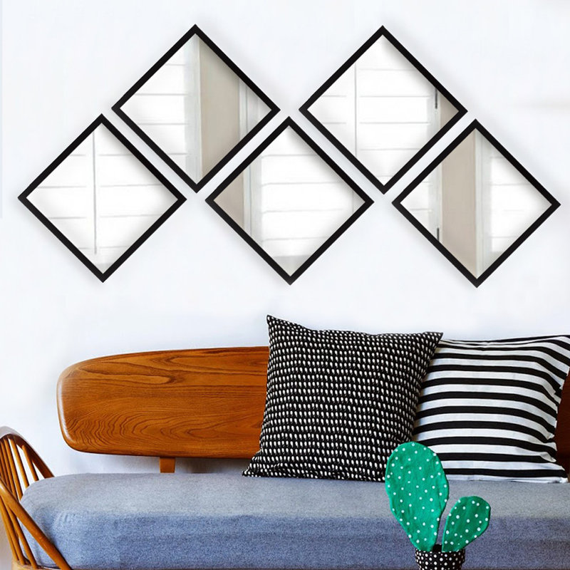 5-Piece Mirror Set, Silver & Black, 9.4 x 9.4 inches Each | 100% Glass with Laminated Plastic Frame, Thickness: 0.16 inches | Elegant Home Decor & Stylish Wall Accent for Living Room, Bedroom & Hallway