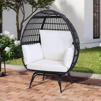 Extra Large 360° Swivel Egg Chair - Black Rattan with Beige Washable Cushions, 463 lbs Weight Capacity