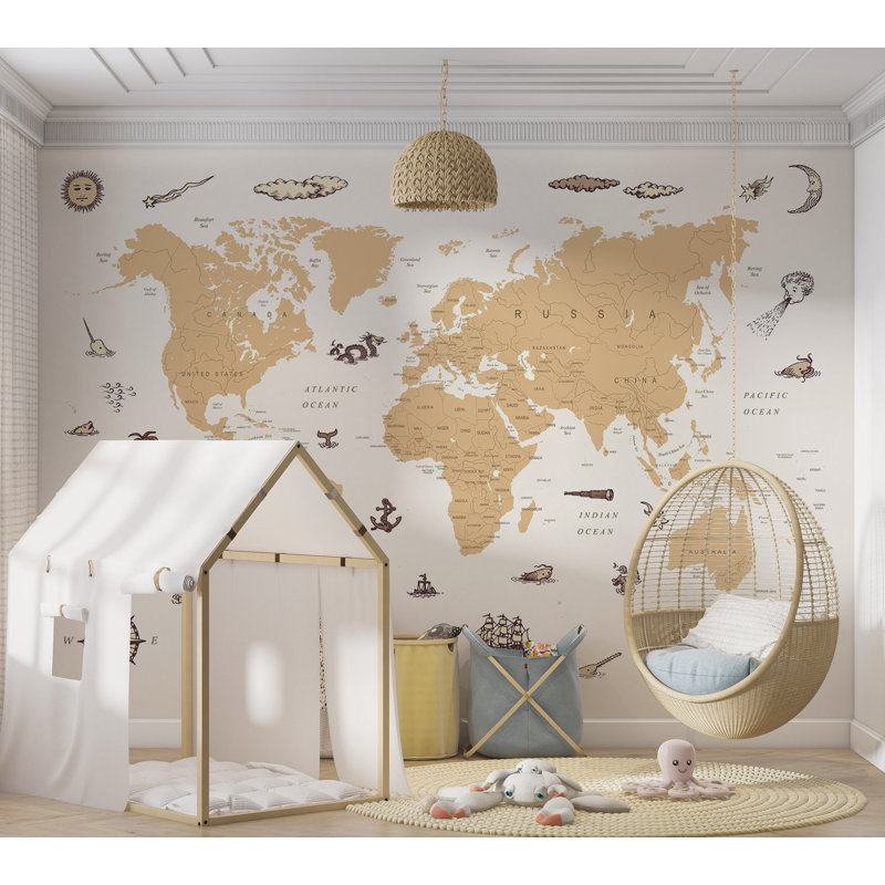 Peel & Stick Kids Wall Mural - Countries With Pirate Illustrations, 115" W x 82" L