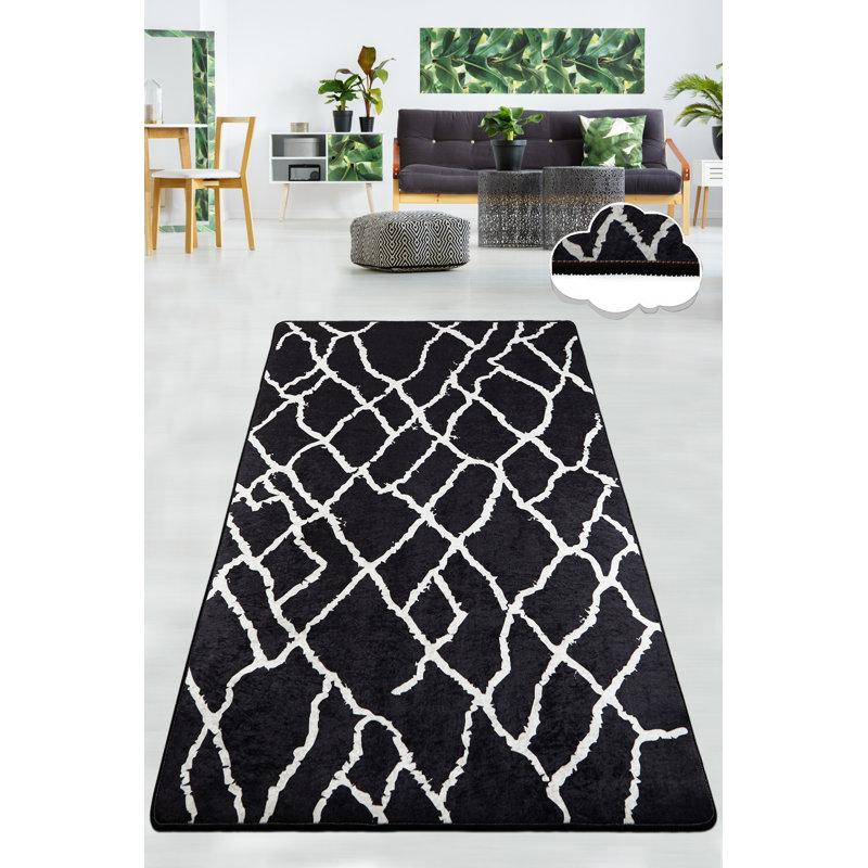 Antibacterial Hall Carpet (3.3 x 9.8 ft), Black & White, 100% Polyester | Total Thickness: 0.4 in | Non-Slip Underside, Machine Washable, Soft Pile Height: 0.2 in | Perfect for Modern Entrances & Living Spaces
