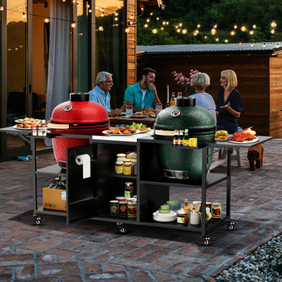 Table de barbecue en métal pour l'extérieur - compatible avec deux gros œufs, 18 po, noir et argent, 108,05 lb de poids, 34,38 po de hauteur, 26,37 po de largeur, 104,07 de profondeur, 6 360 roues, 4 verrouillables, 2 tablettes ouvertes