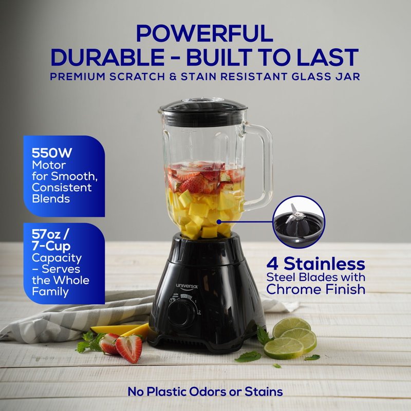 Mélangeur universel de 550 W Mass Vital - pot en verre 57 oz / 1,8 pte / 1,7 litre - 7 tasses, 2 vitesses + fonction pulsée et 4 pales en acier inoxydable avec technologie Chrome Steel