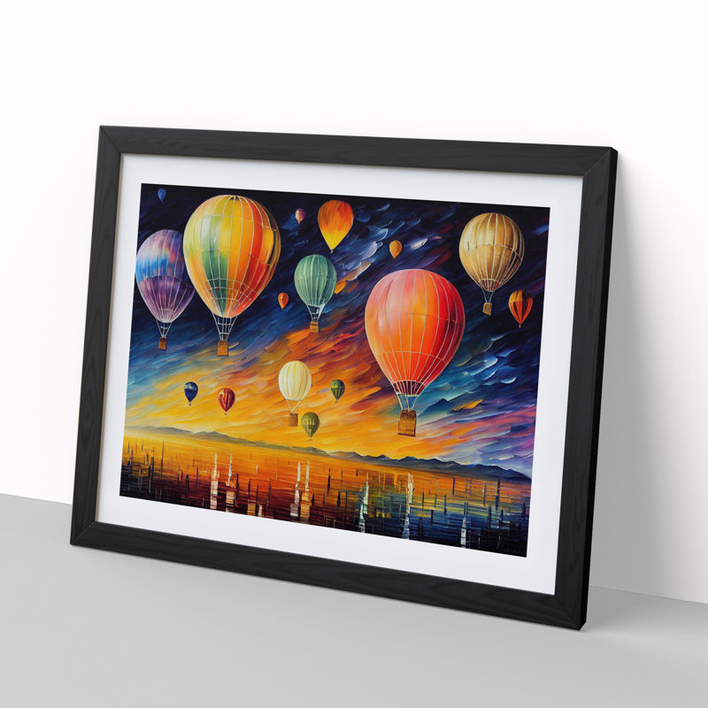 Many Hot Air Balloons 1 Piece Single Picture Frame Painting, 46cm H x 64cm W x 2cm D, Black