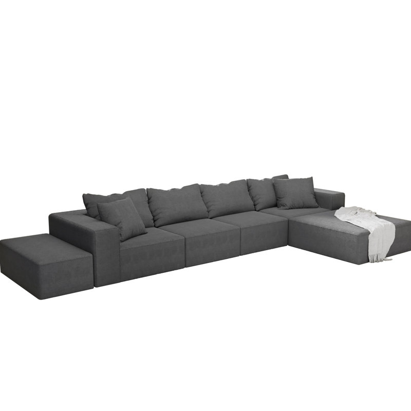 Salon modulaire 6 places - L 132 po avec revêtement en chenille et rembourrage en mousse carré gris, Gris