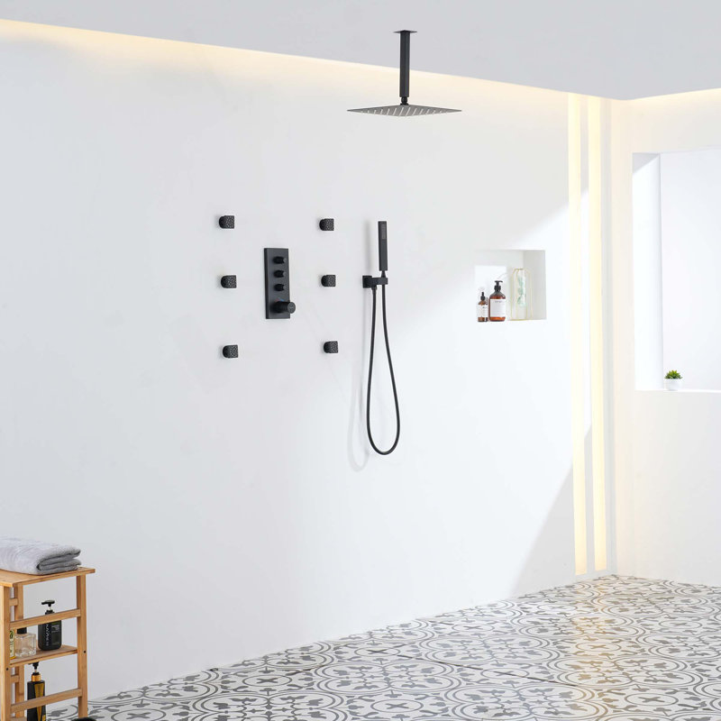 3-Functions 12" Ceiling-Mounted Thermostatic Shower System, Black
