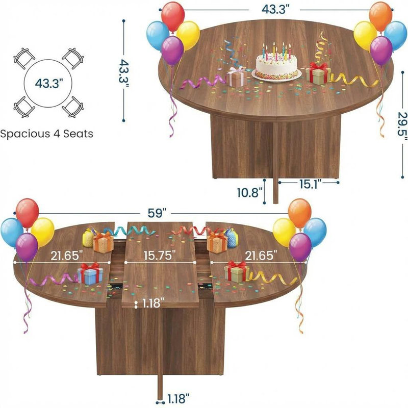Table de salle à manger extensible ronde 43,3 po à 59 po pour 4 à 6 personnes, table de cuisine peu encombrante avec rallonges amovibles, table de salle à manger ovale pour la salle à manger, la cuisine et le salon