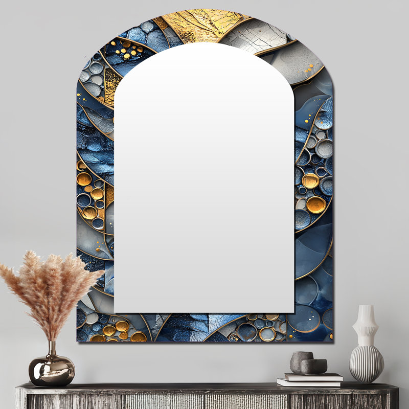 Carreaux abstraits bleu et gris côtier I - décor de miroir mural arche grise, 43 po x 33 po