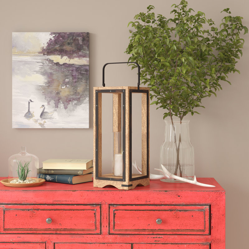 Lanterne brune d'intérieur et d'extérieur en bois de manguier, H 22 po x l 8 po x P 8 po