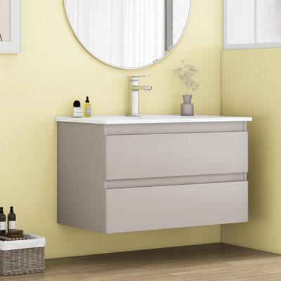 32-Inch Wall-Mounted Bathroom Vanity with Sink, Double Drawers, Soft-Close System, Ceramic Sink, Mocha Gray Finish