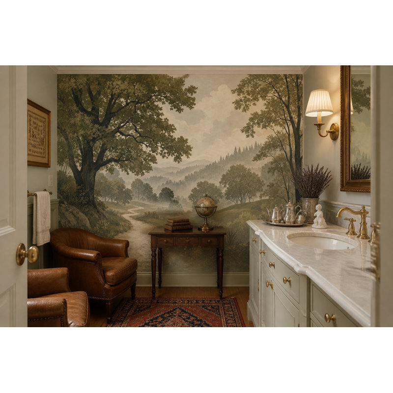 Papier peint Misty Forest Scenic Landscape, 160 po x 108 po, Peler et coller