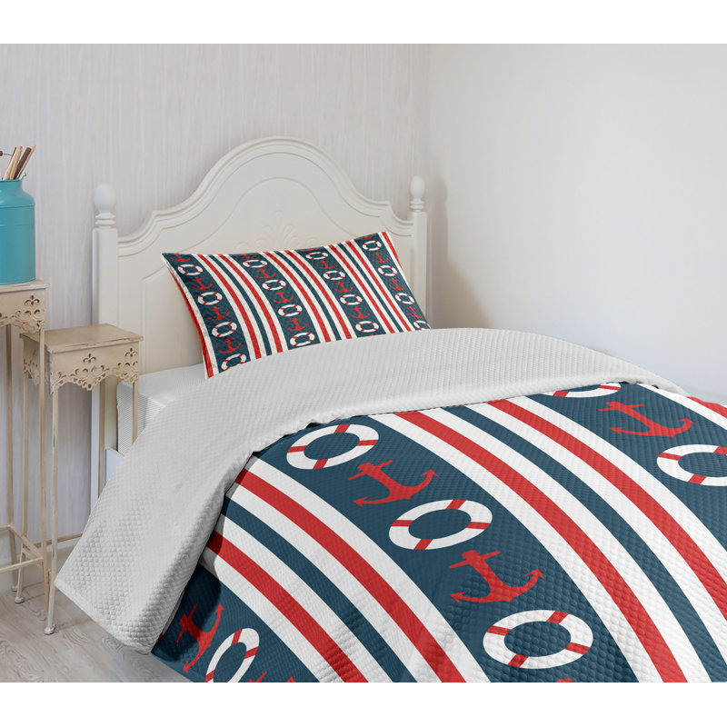 Nautical Twin White and Red Quilted Bedspread Set
