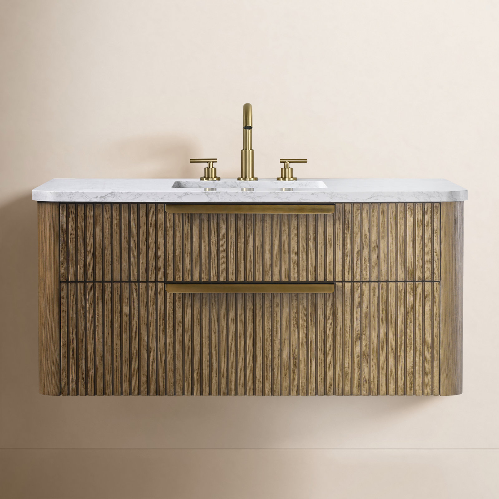Liljan 42'' Wall-Mounted Single Bathroom Vanity, Aged Oak/Brushed Bronze