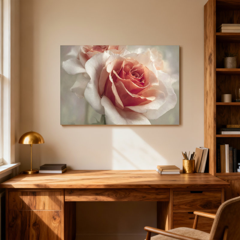 Plantes et fleurs, pêche douce sur fond rose, H 24 po x l 36 po