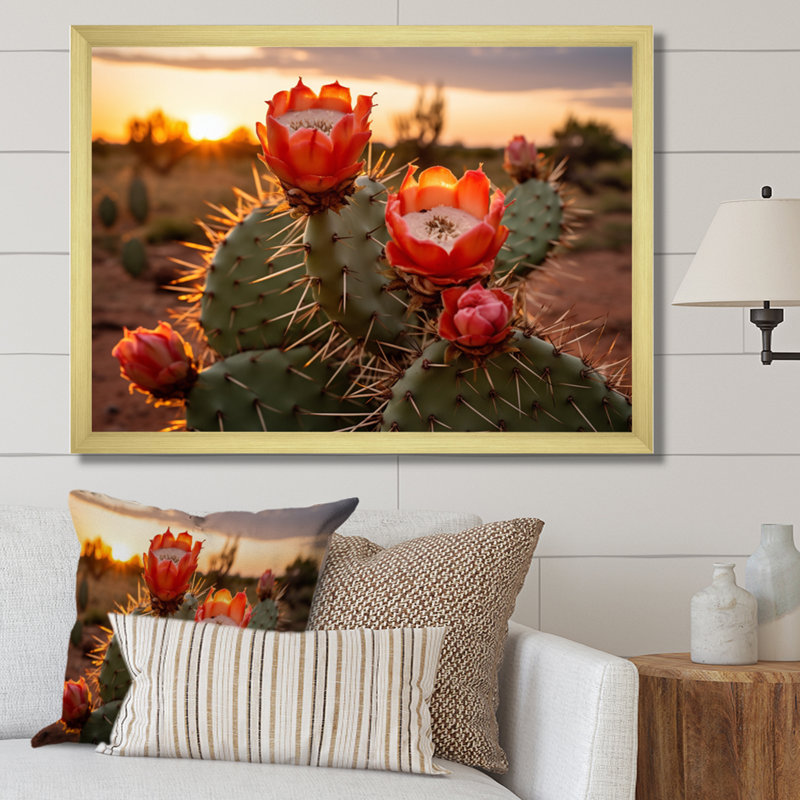 Champ de cactus rouge et vert avec coucher de soleil II - impression, H 24 po x l 32 po x P 1 po, Encadrement doré