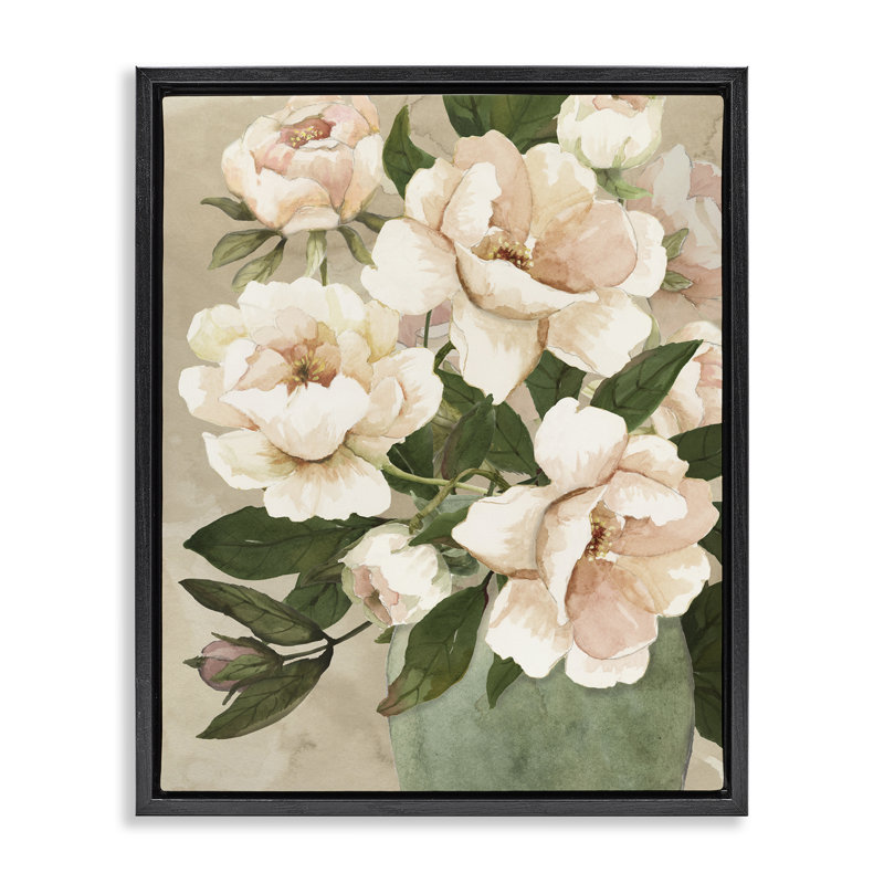 Bouquet de roses rosées, Cadre flottant noir de jais, H 21 po x l 17 po