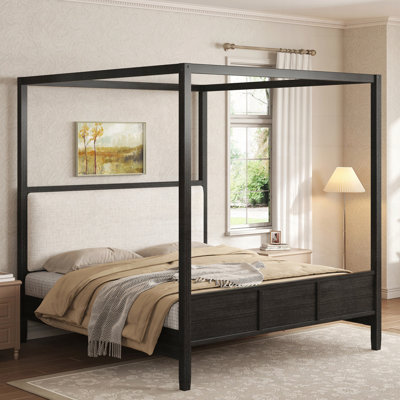 Lit plateforme à baldaquin en bois avec tête de lit tapissier, aucun sommier nécessaire