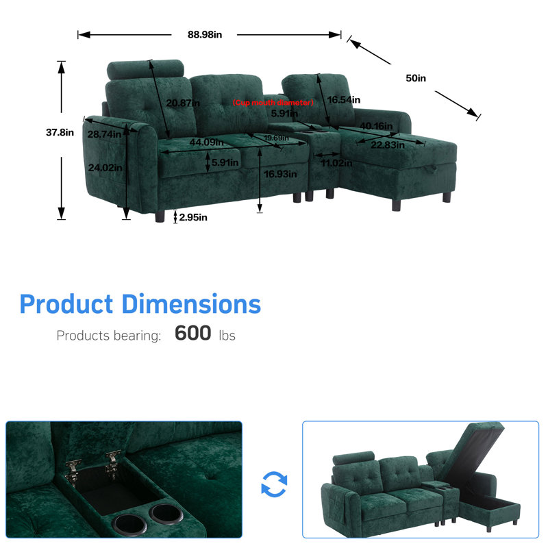 Upholstered L-Shaped Sectional Left Hand Facing, Emerald 100% Polyester