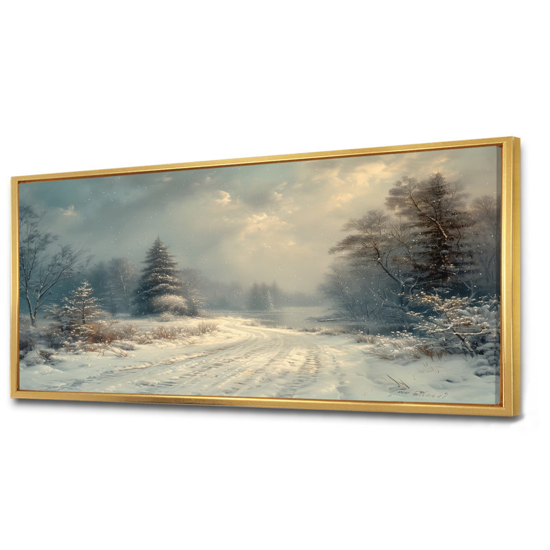«White Grey Winter route into forest III - Winter Landscape», art mural sur toile, H 28 po x l 60 po, Cadre flottant doré