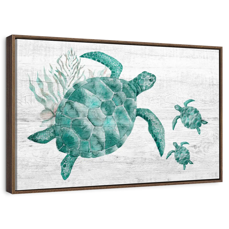 Famille de tortues en bois, 37 po x 25 po, Cadre flottant noyer