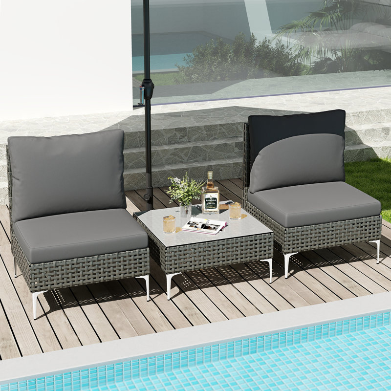 3 Pieces PE Wicker Rattan Black Bistro Table And Chairs Set Outdoor Patio Furniture Set, Grey