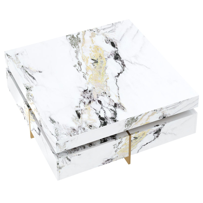 Table basse moderne carrée texturée en marbre avec 4 tiroirs et base suspendue, blanc, 43,3 po