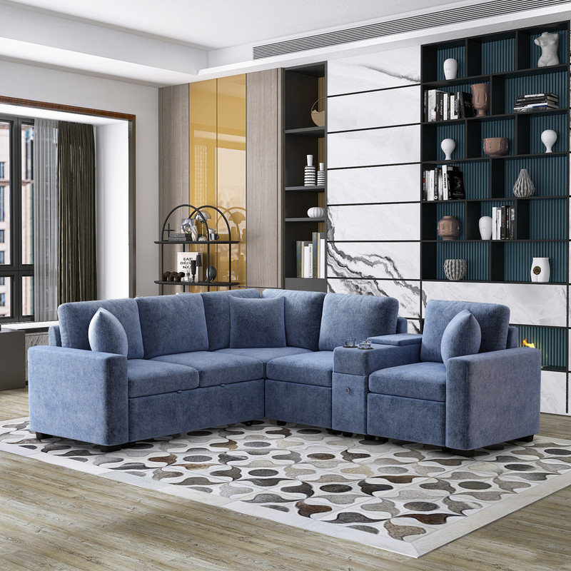 Convertible L-Shaped Sofa Bed with Console and Storage, Blue Chenille 