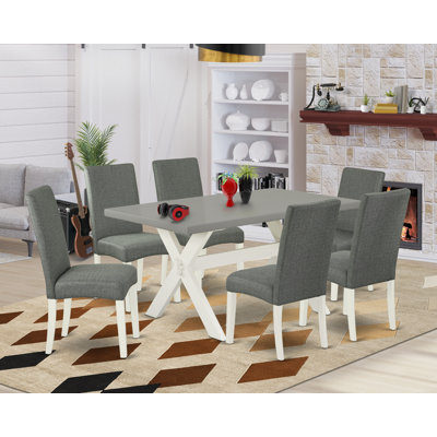7 Piece Modern Dining Table Set Consist of a Rectangle Wooden Table with X-Legs and 6 Grey Linen Fabric Upholstered Parson Chairs, linen white 