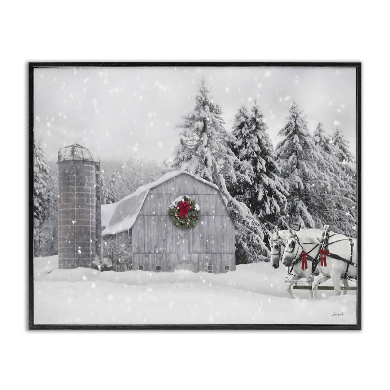 «Snowy Barn & Horses», estampe numérique par Lori Deiter, H 11 po x l 14 po, Giclée encadrée noir minuit