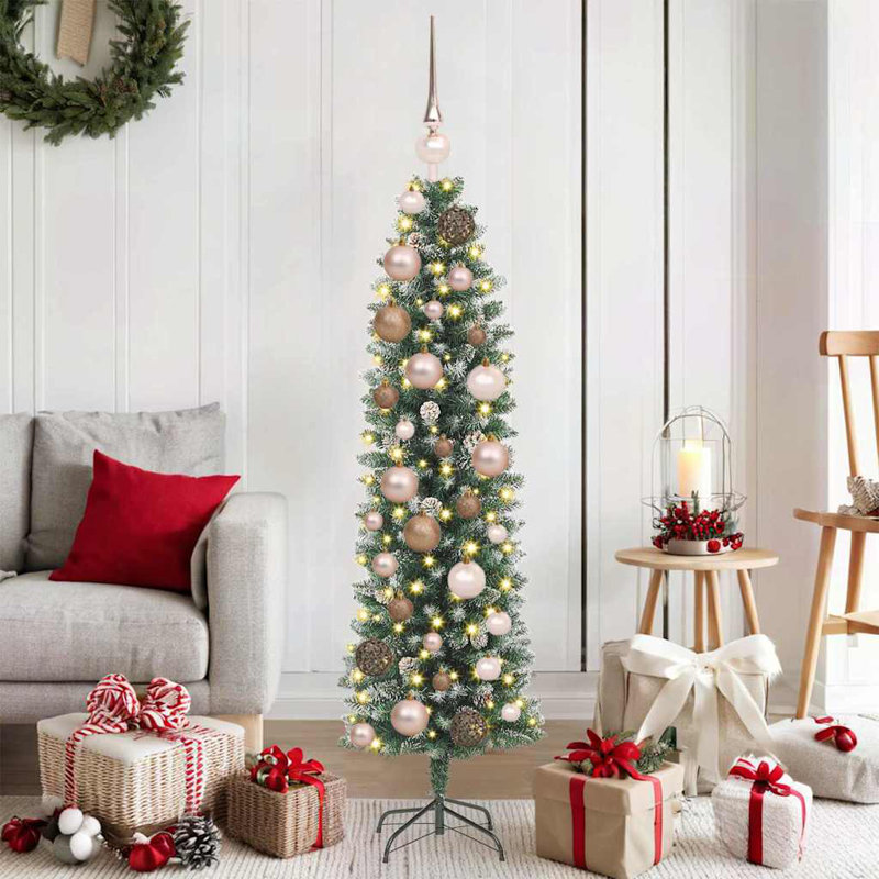 vidaXL Artificial Slim Christmas Tree with 150 LEDs Green, 3.94 ft, Pink