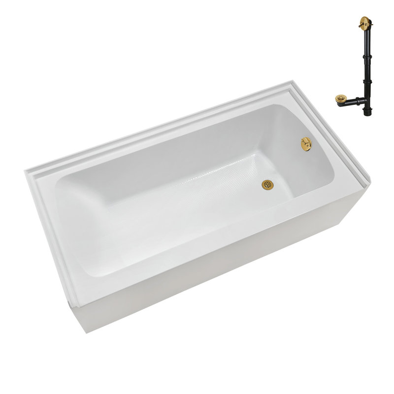 Baignoire en alcôve en acrylique blanc brillant avec drain extérieur 66 po x 32 po Streamline, Or brossé