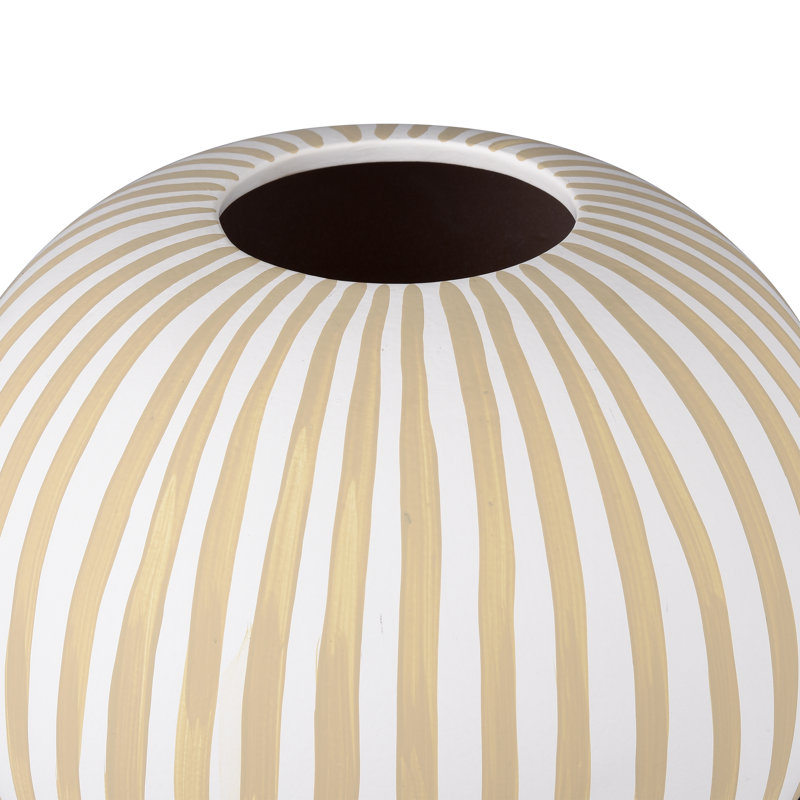 White and Taupe Striped Ceramic Cylinder Table Vase