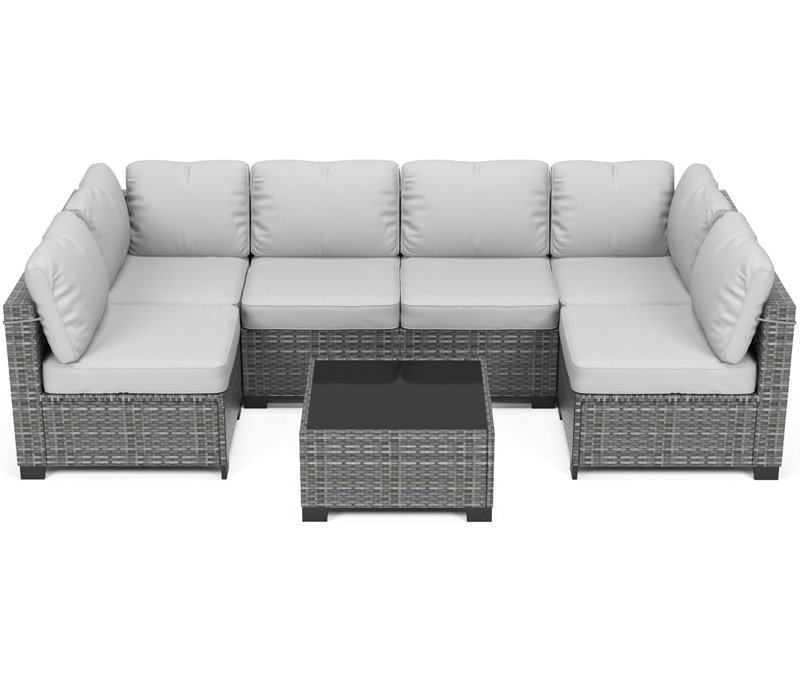 7 PCS Outdoor Patio Furniture Set, Wicker Sectional Sofa Set Rattan Modular Conversation Couch Set With Cushions For Outside, Garden, Balcony, Porch