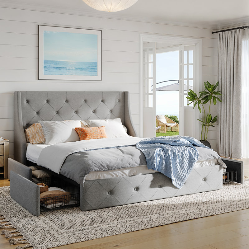 Lit plateforme tapissier Brij, Grand, Gris clair