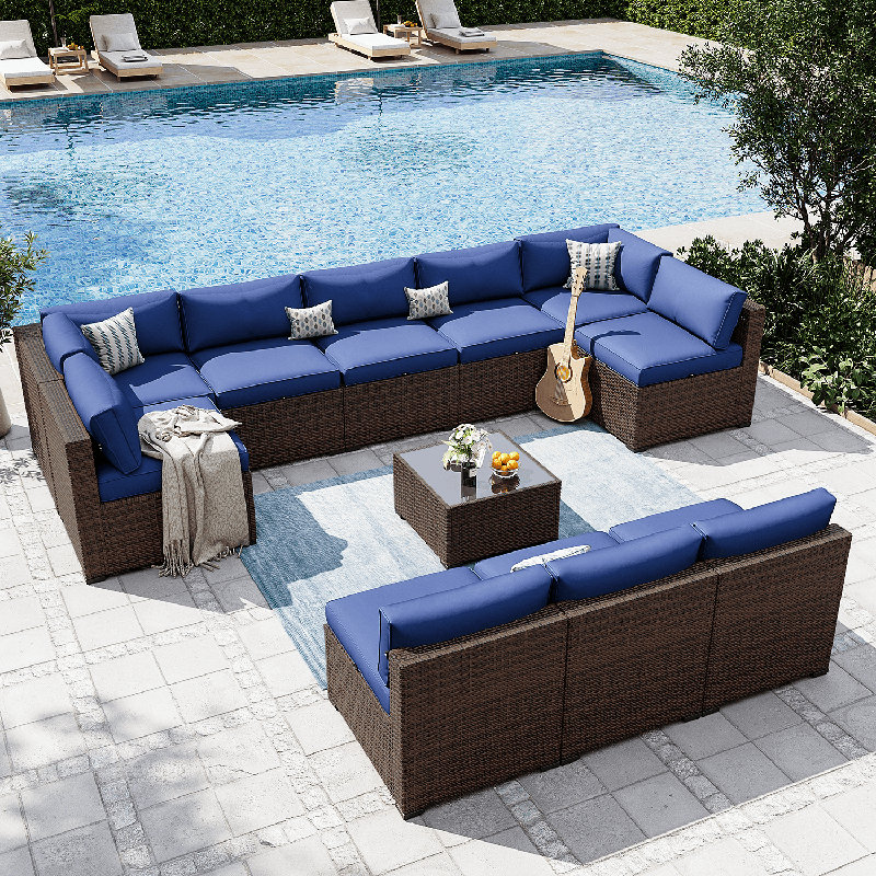 Ensemble de conversation modulaire en rotin avec coussins 11 pièces , Bleu, Brun