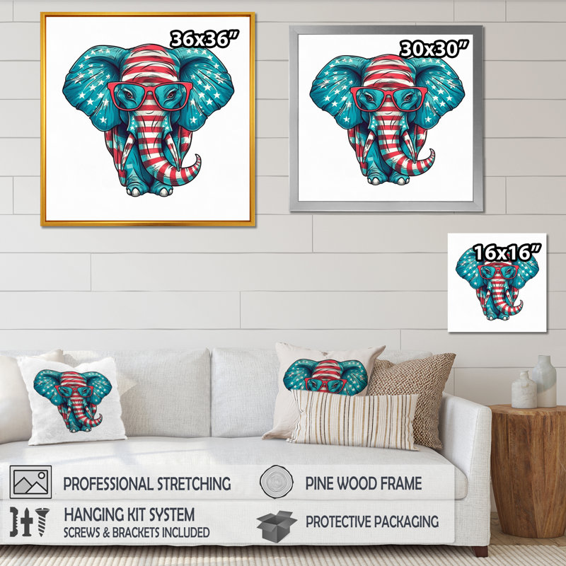 Imprimé d'éléphant bleu avec lunettes - bleu, Cadre photo noir, H 16 po x l 16 po x P 1 po