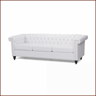 3-Seater Chesterfield Sofa with Deep Tufting &amp; Nail Heads – Ideal for Living Rooms | White | Tight Back | Rolled Arms