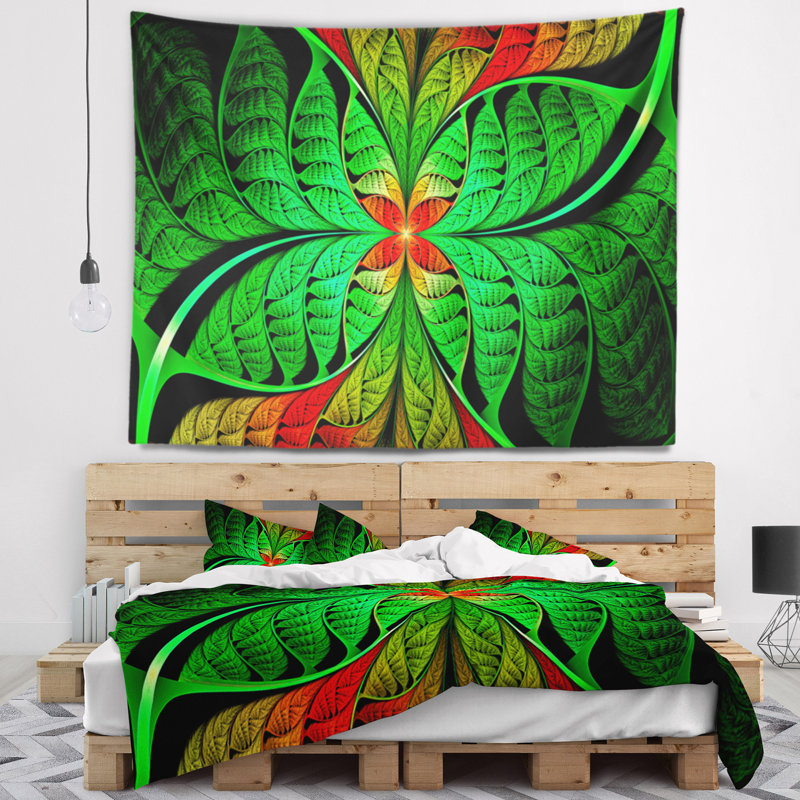 Tapisserie abstraite à motif de feuille verte fractale, H 68 po x l 80 po