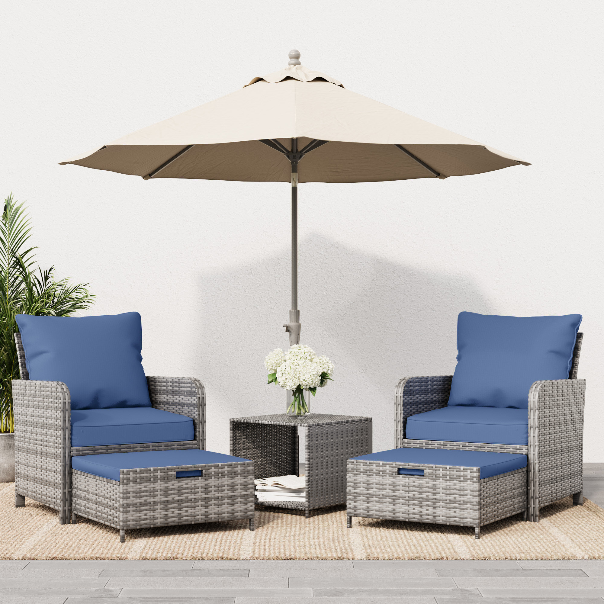 Idamarie 2 Person Wicker Rattan OutdoorConversation Set with Ottoman (no umbrella stand)