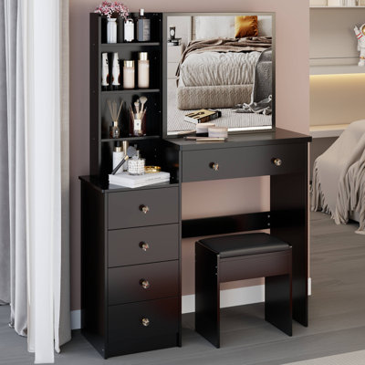 37" Middle Size Left Bedside Cabinet Vanity Table + Cushioned Stool, Extra Large Right Sliding Mirror, Multi Layer High Capacity Storage, Practical Fashionable Dresser, Suitable For Middle Space