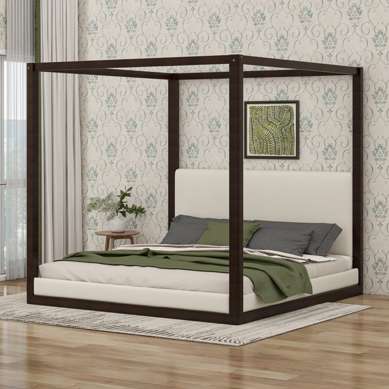 Base de lit à baldaquin en bois avec plateforme et tête de lit tapissier, lit plateforme moderne à quatre colonnes